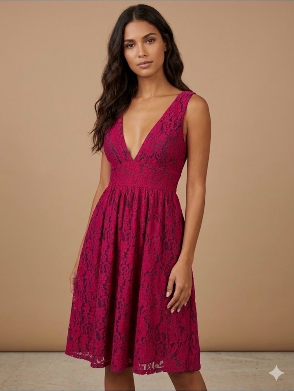 Lulu's Fuchsia Lace V-Neck Midi Dress